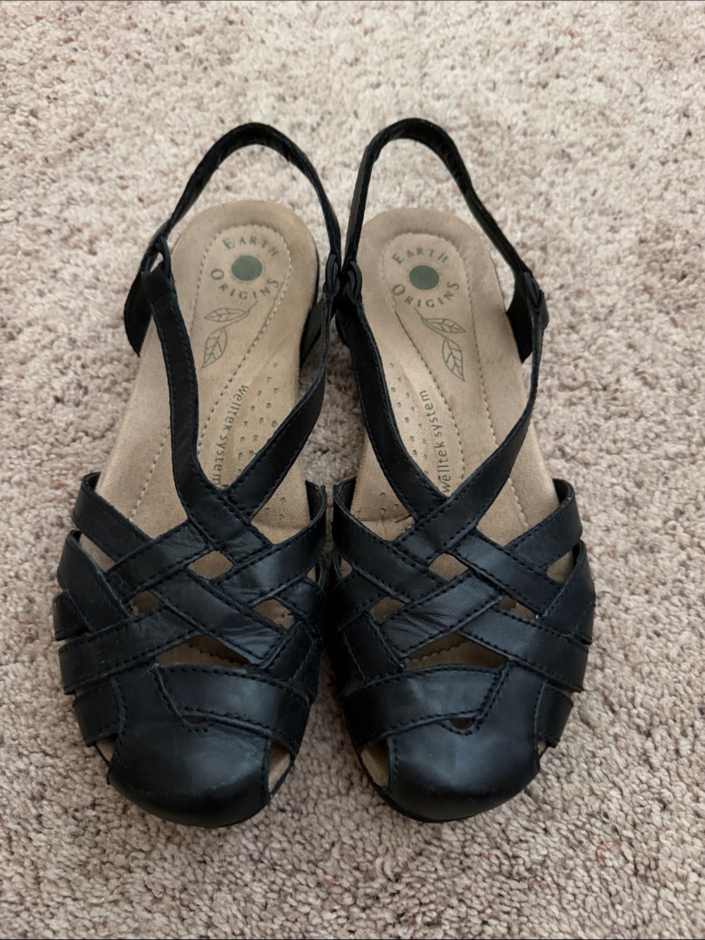 Earth Origins Black Leather Woven Slingback Sandals